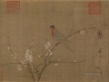 Perico de cinco colores sobre un árbol de albaricoquero en flor 1119 tinta china antigua